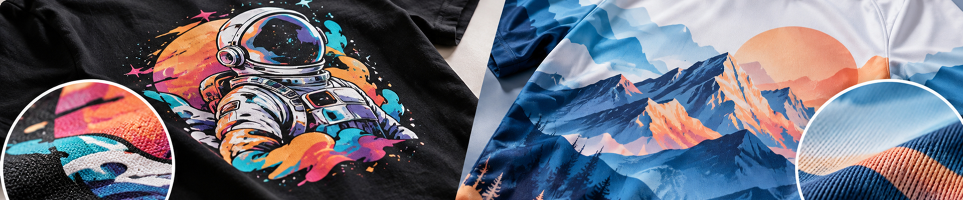 Black cotton T-shirt printed with DTF next to a sublimated polyester sports shirt